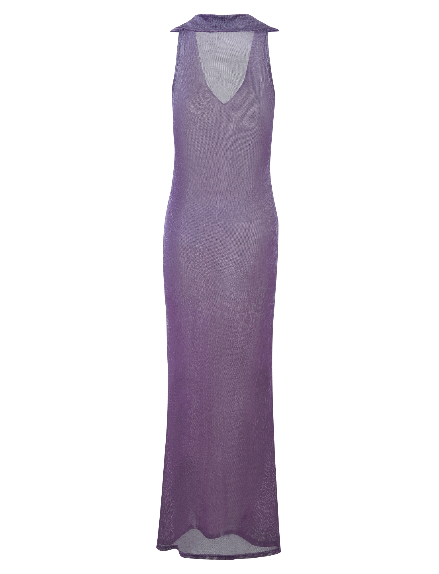 The ABRIL DRESS - PURPLE by TIGERMIST is a full-length, sleeveless dress featuring a high neckline and a deep V-shaped front. The semi-transparent fabric lends the dress a delicate and airy appearance, while its fitted silhouette smoothly flows to the floor.