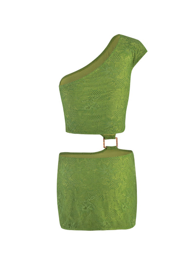 Introducing the TIGERMIST AANYA DRESS in green: a stunning one-shoulder two-piece ensemble featuring a top and mini skirt with a delicate lace overlay. The asymmetrical top beautifully complements the skirt, which is connected at the waist by a small gold clasp, adding a touch of elegance to this fashionable outfit.