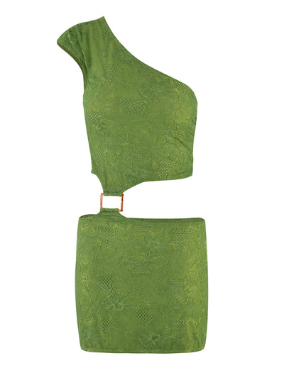 The AANYA DRESS - GREEN from TIGERMIST is a sleeveless, asymmetrical green jersey dress that effortlessly combines style and elegance. It features a trendy one-shoulder design with a striking midriff cut-out detail, an attached gold buckle for added flair, and an exquisite floral lace overlay pattern throughout.