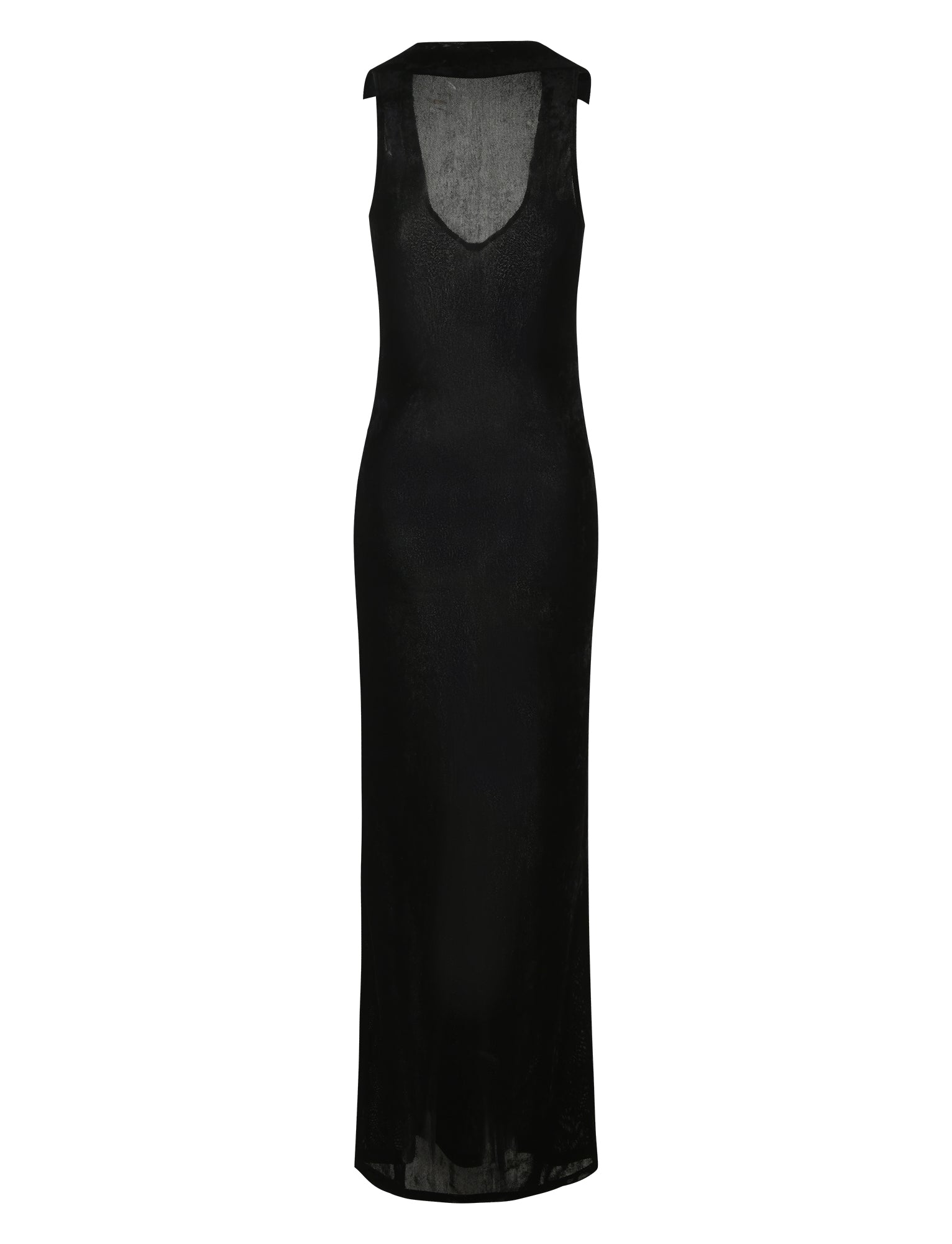 The ABRIL DRESS - BLACK by TIGERMIST is a long, sleeveless black dress with a semi-sheer texture. This elegant piece features a V-neckline and a fitted design that extends to the ankles, showcasing a minimalist and sophisticated style.