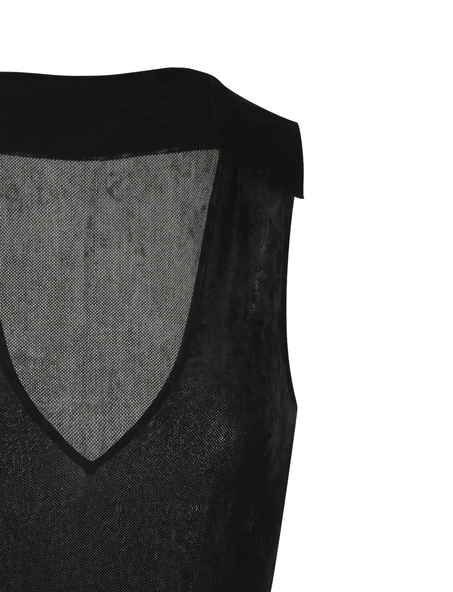 The image shows a close-up of the sleeveless TIGERMIST ABRIL DRESS - BLACK with a V-neck. The semi-transparent mesh fabric allows light to pass through, and the edges are clearly defined. The photo captures the upper left portion of the garment.