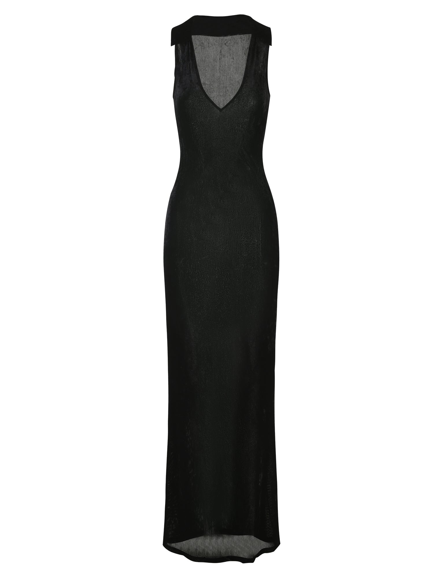The ABRIL DRESS - BLACK from TIGERMIST is a sleeveless, floor-length dress featuring a V-neckline. It has a form-fitting silhouette and a subtle sheen, giving it an elegant appearance. The simple yet sophisticated design makes it suitable for formal occasions.