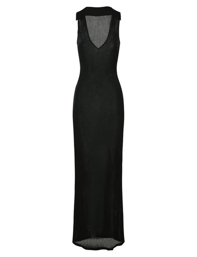 The ABRIL DRESS - BLACK from TIGERMIST is a sleeveless, floor-length dress featuring a V-neckline. It has a form-fitting silhouette and a subtle sheen, giving it an elegant appearance. The simple yet sophisticated design makes it suitable for formal occasions.