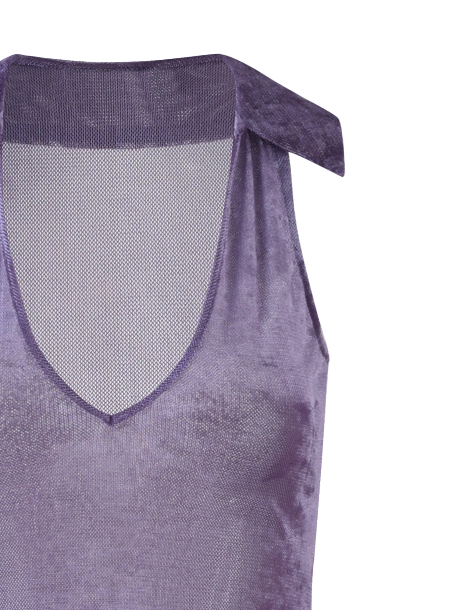 The ABRIL DRESS - PURPLE by TIGERMIST is displayed against a white background. This sleek sleeveless mesh dress features a deep V-neck and a folded collar. The signature fabric of TIGERMIST appears semi-transparent with a subtle sheen.