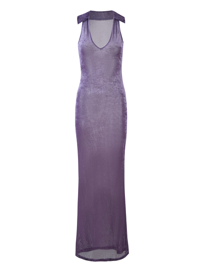 The ABRIL DRESS in purple by TIGERMIST is a floor-length evening gown featuring a V-neckline and cold-shoulder detailing. This sleeveless dress, with its slight sheen fabric, offers a luxurious appearance and is tailored to closely fit the body.