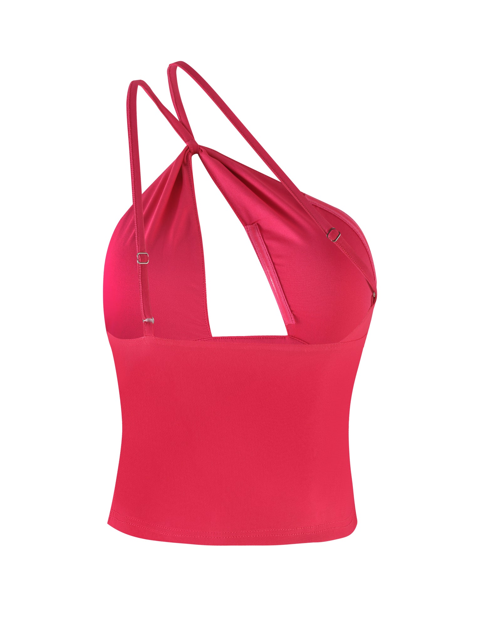 Introducing the ACADIA TOP - PINK : HOT PINK by TIGERMIST, a vibrant hot pink halter top featuring crisscrossing spaghetti straps and an open back design. It boasts a deep V-neck cut with an asymmetric neckline at the front. The fabric is smooth and slightly stretchy for added comfort and style.