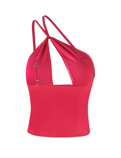 Introducing the ACADIA TOP - PINK : HOT PINK by TIGERMIST, a vibrant hot pink halter top featuring crisscrossing spaghetti straps and an open back design. It boasts a deep V-neck cut with an asymmetric neckline at the front. The fabric is smooth and slightly stretchy for added comfort and style.