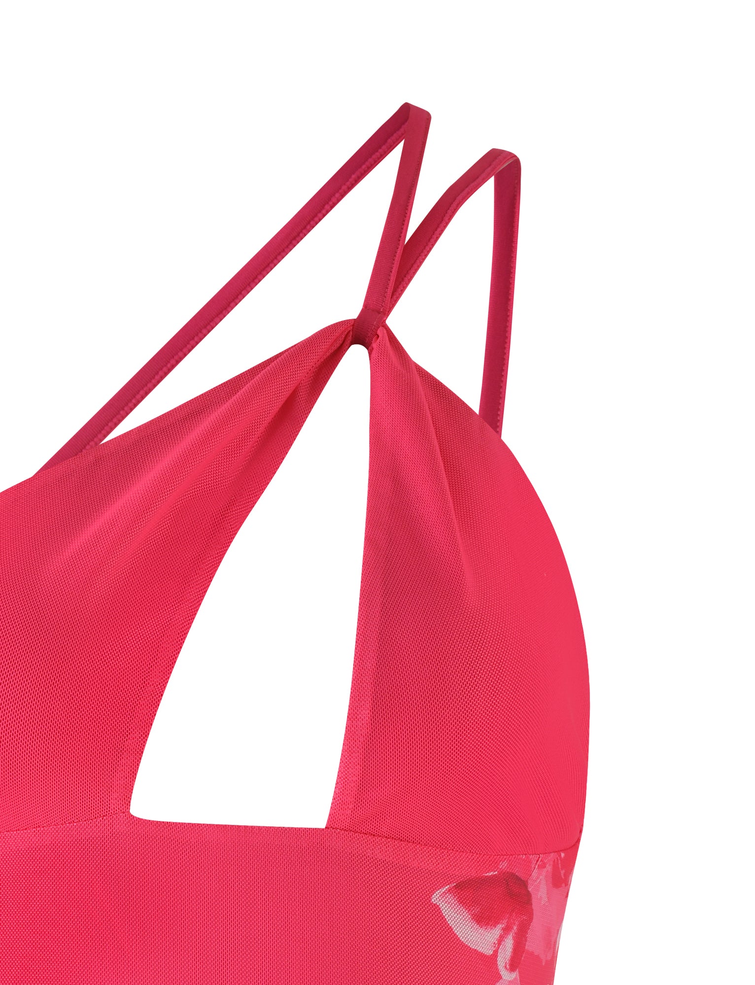 Close-up of the ACADIA TOP - PINK : HOT PINK by TIGERMIST, featuring thin, crossing shoulder straps and an asymmetric neckline with a triangular cutout. The fabric appears smooth, boasting a subtle floral pattern on one side that hints at mesh fabrication. The background is plain white.