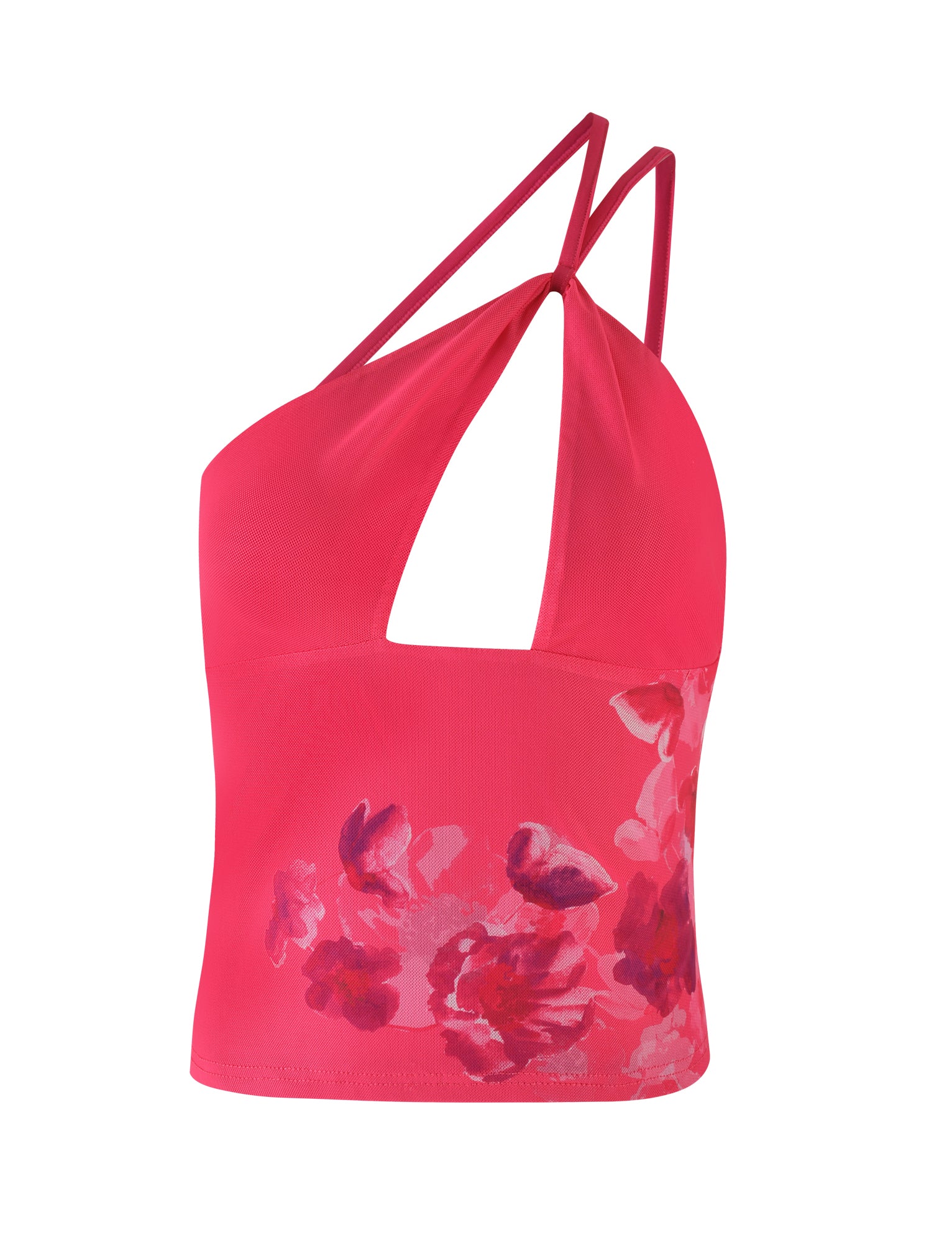 The ACADIA Top from TIGERMIST in a hot pink hue is a sleeveless halter top designed with an asymmetric neckline and a front cut-out detail. It features thin, crisscross straps and showcases a vibrant floral pattern in shades of pink and red at the bottom.